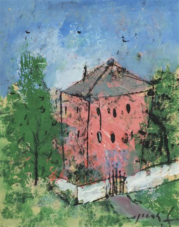 Franco Rognoni Casa rossa 1970 Tecnica mista su carta intelata, cm. 41x33...