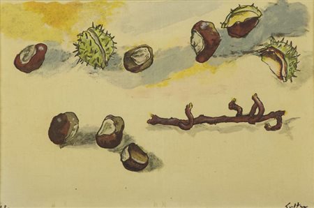 Renato Guttuso Castagne Serigrafia su tela, cm. 42x28, es. H.C. Firmato in...