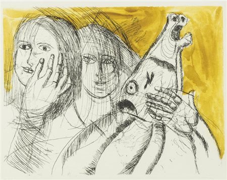 Bruno Cassinari Figure con cavallo Acquaforte e acquatinta di cm. 37x48, su...