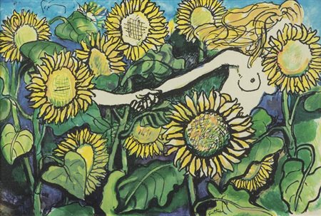 Renato Guttuso Figura fra i girasoli Serigrafia su tela, cm. 28x42, es. H.C....