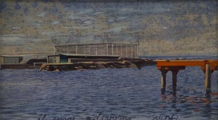 Mario Madiai Il mare a Livorno Tecnica mista su cartone, cm. 18,5x32,5 Firma...