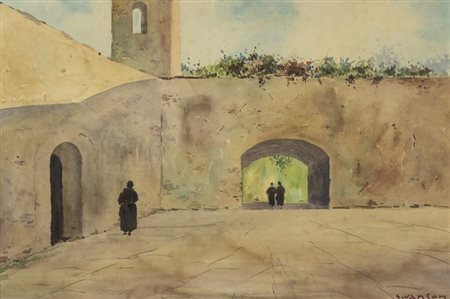 Swanson Cortile Acquerello su cartoncino, cm. 36,5x55 Firmato in basso a destra.