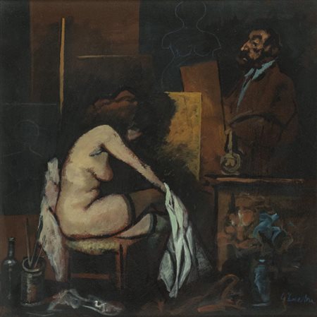 Fausto Maria Liberatore Modella e pittore Olio su tela, cm. 50X50 Firmato in...