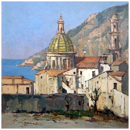 GIOVANNI LOMI 1889 – 1969 Paesaggio ligure Olio su tavola 28 x 30. Firma in...