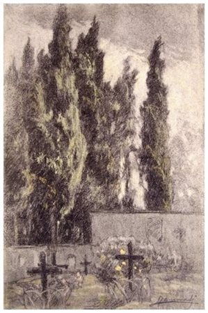LODOVICO TOMMASI 1866 – 1941 Al cimitero Carbone e pastelli su cartoncino 50...