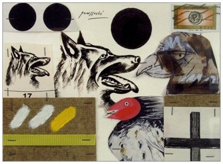 CONCETTO POZZATI 1935 Senza titolo Olio, t.m. e collage 13 x 18. Firma in a....