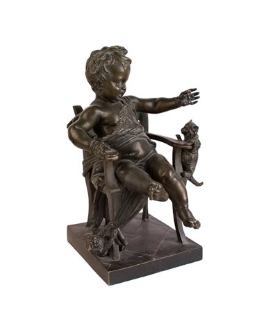 Antonio Pandiani ( Milano 1838 – 1928 ), Bambino con gattini. Scultura in...