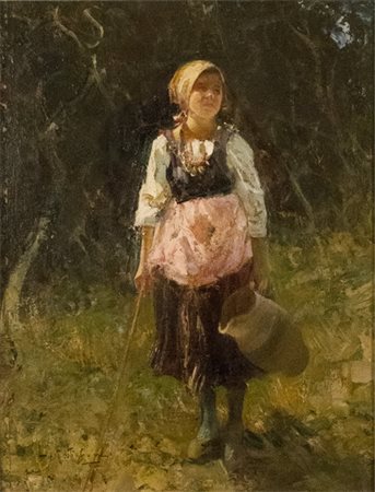 Luca Postiglione ( Napoli 1876 – 1936 ), Pastorella con brocca. Olio su tela...