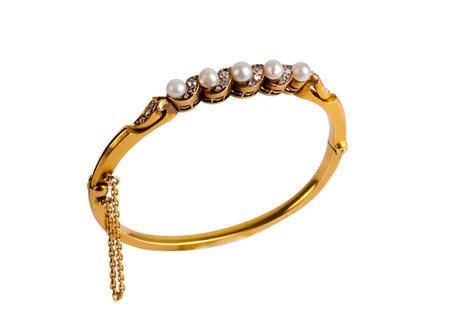 Bracciale rigido anni '30 con perle e diamanti. oro 18 Kti. Peso complessivo...