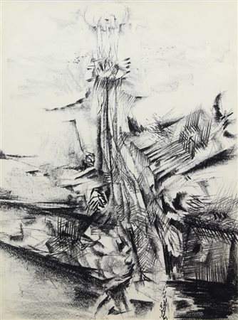 Giò Pomodoro, Senza titolo, 1957, carboncino su carta, cm. 66x48, firmato e...