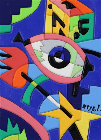 Ugo Nespolo, Glance, acrilico su legno intagliato, cm. 18x24, firmato in...