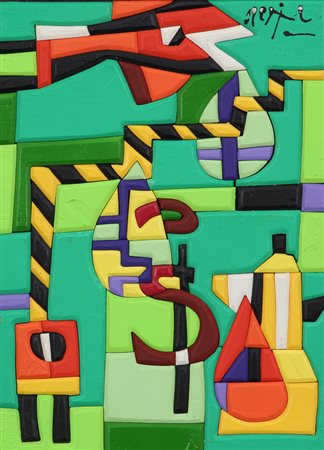 Ugo Nespolo, Connections, acrilico su legno intagliato, cm. 18x24, firmato in...
