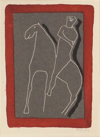 Marino Marini, Cavallo e cavaliere, puntasecca ritoccata a mano, cm. 10x7,...