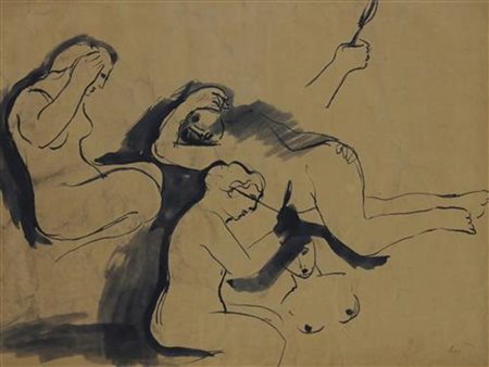 Enrico Baj, Senza titolo, china e acquarello su carta, cm. 35x45, firmata in...