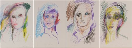 Ernesto Treccani, Volti, lotto di 4 tecniche miste su carta, cm. 30x21...