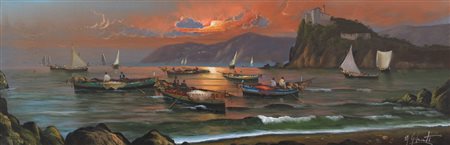 Mario Galanti, Golfo, olio su tela, cm. 30x90, firmato in basso a destra,...