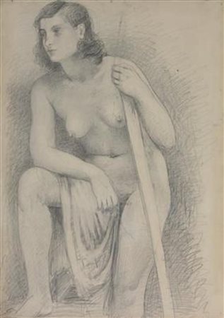 Achille Funi, Nudo sostenuto dal bastone, disegno a matita su carta applicata...