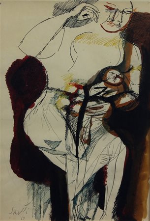 Bruno Saetti, Senza titolo, 1963, tecnica mista su carta, cm. 51x35, firmata...