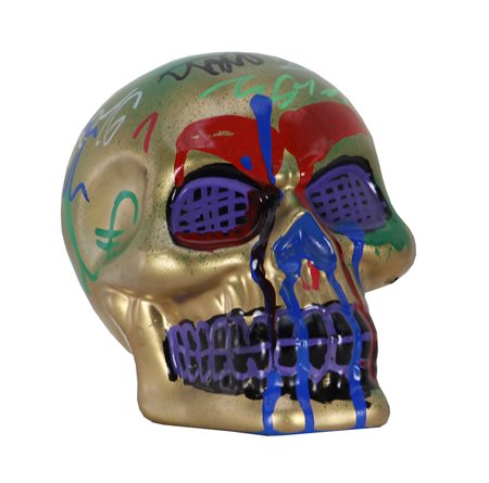Umberto Zive, Skull Money, 2016, tecnica mista, acrilico e spray su teschio...