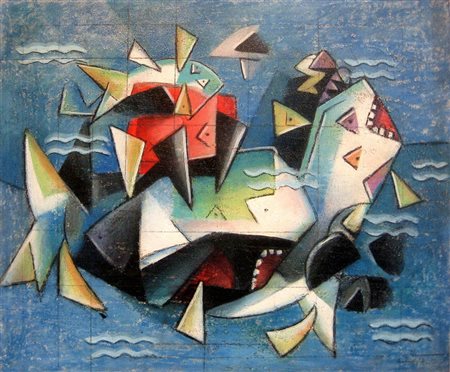 IBRAHIM KODRA 1918 - 2006 Lotta di squali, 1976 Tecnica mista su tela, cm. 60...