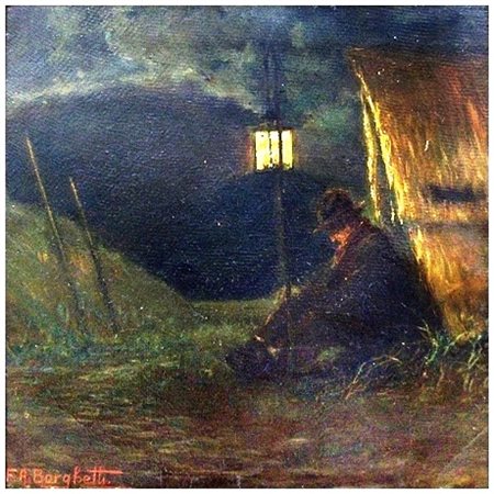 F.A. BORGHETTI Livorno La guardia notturna Olio su cartone 34 x 34. Firma in...