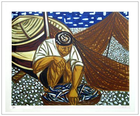 GIUSEPPE MIGNECO Messina 1908 – Milano 1997 Pescatore a riposo Litografia a...