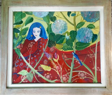 Almerico Tomaselli "La donna con l'uccellino rosso" - cm 50x60 - Firma in...