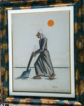 Pietro Morando "L'aratrice" - Tecnica mista su cartoncino cm 75x55 - Opera...