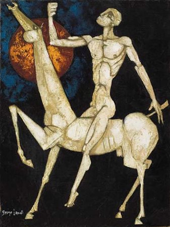 BRUNO LANDI Roma 23/03/1941 Cavaliere notturno, 2009 olio su tela cm. 40x30,...