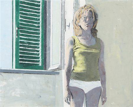 GIORGIO ORTONA 1960 Interno con moglie, 2009 olio su tavola cm. 32x40, firma...