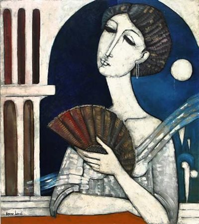 BRUNO LANDI Roma 23/03/1941 Donna con ventaglio, 2004 olio su tela cm. 90x80,...
