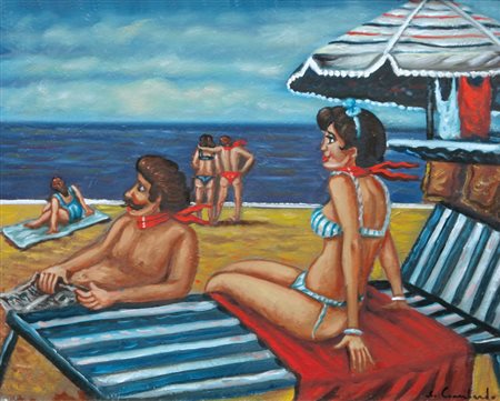 SALVO LOMBARDO Favara (Ag) 1948 Al mare olio su tela cm. 40x50, firma in...