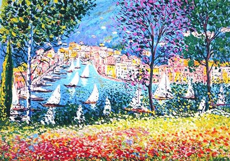 ANTONIO IALENTI Campobasso 12/07/1937 Portofino serigrafia su tela cm. 60x87,...