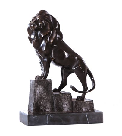 SCULTORE DEL XX SECOLO Leone scultura in bronzo a patina marrone con base in...