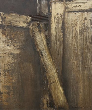 PLINIO MESCIULAM Genova 1926 Crocifisso olio e collage su tela cm. 120x100,...