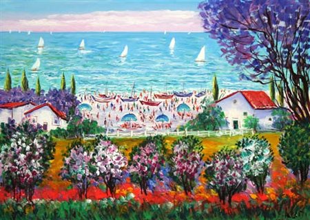 ANTONIO IALENTI Campobasso 12/07/1937 Marina toscana con barche e spiaggia...