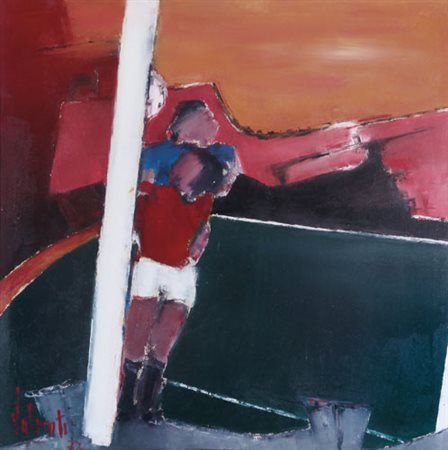 FERNANDO VALENTI Traona Partita di calcio, 1973 olio su tela cm. 60x60, firma...