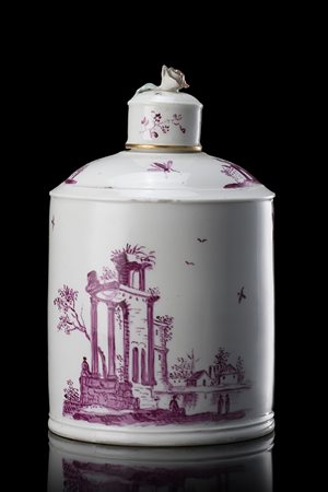 Porta the cilindrico con coperchio in porcellana e decoro a paesaggio con...