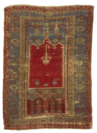 Tappeto preghiera Ladik Anatolia, sec. XVIII, Mirab su fondo rosso con...