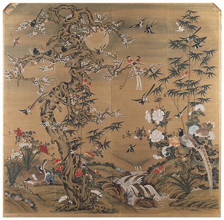 Pannello decorato con dipinti cinesi raffiguranti coppie di anatre mandarine...
