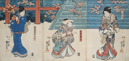 Stampa in tre fogli raffigurante scena di teatro con figure in kimono sotto...