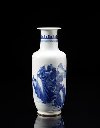 Piccolo vaso rouleau in porcellana bianca e blu con scena di paesaggio,...