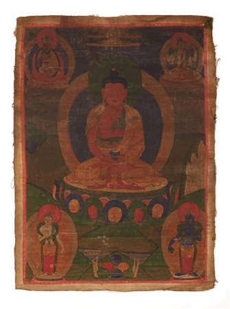Piccolo thangka policoromo con buddha al centro nei toni del rosso e del blu...