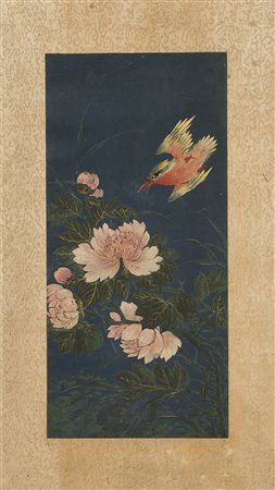 Coppia di dipinti raffiguranti fiori e uccelli, inchiostro e colore su seta,...