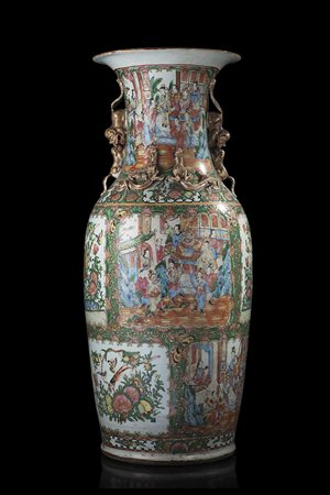 Grande vaso a balaustro in porcellana Famiglia Rosa cantonese, con doppie...