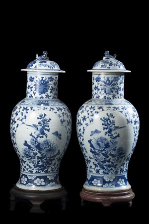 Coppia di vasi con coperchio in porcellana bianca e blu decorati con fiori e...