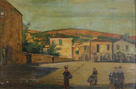 Cristiano Banti, Paese, olio su tavola, cm. 27x44, firmato in basso a sinistra