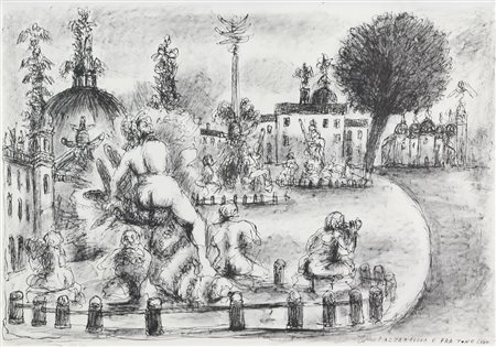 Tono Zancanaro, Piazza Navona e Pra Tono, 1973, litografia su carta, cm....