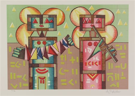 Ibrahim Kodra, Musicanti, (1980), litografia su carta, cm. 50x70, es. 50/120,...