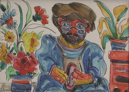 Giuseppe Serafini, Senza titolo, grafica su carta colorata a mano, cm. 25x35,...